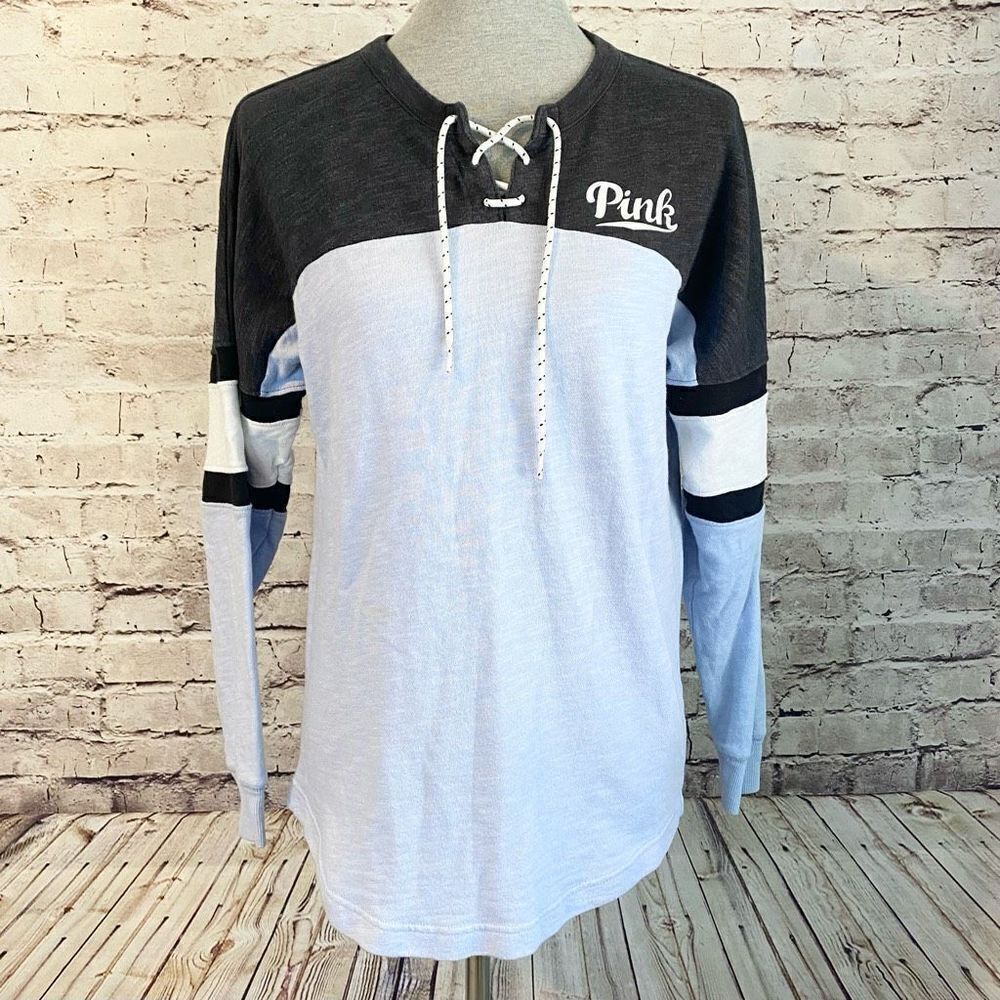 PINK Victoria’s Secret Blue Gray Henley Long Sleeve Collegiate Terry Striped XS